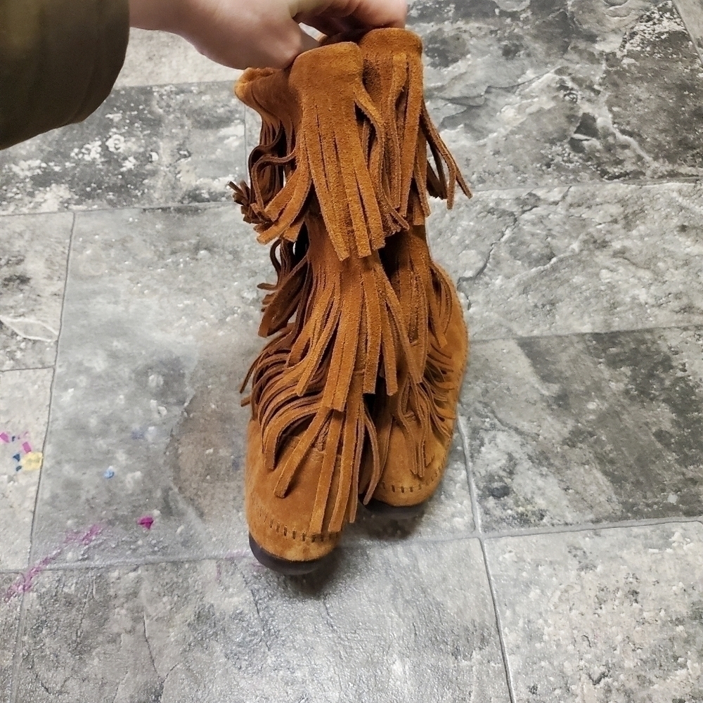 Minnetonka Moccasins 3 Layer Fringe Boot Brown Su… - image 5